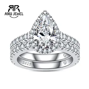 AnuJewel 3CT Teardrop Moissanite Engagement Ring Wedding Band Luxurious Royal Statement Synthetic Moissanite Rings in 925 Sterling Silver BridalSets for Women with Certificate