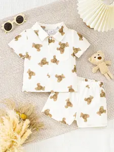 Baby Boy Bear Print Two-Piece Set Outfits, Short Sleeve Shirt and Shorts, Cute Toddler Style, Soft and Skin-Friendly, Ideal for Home or Outdoors, Baby Boy Clothes