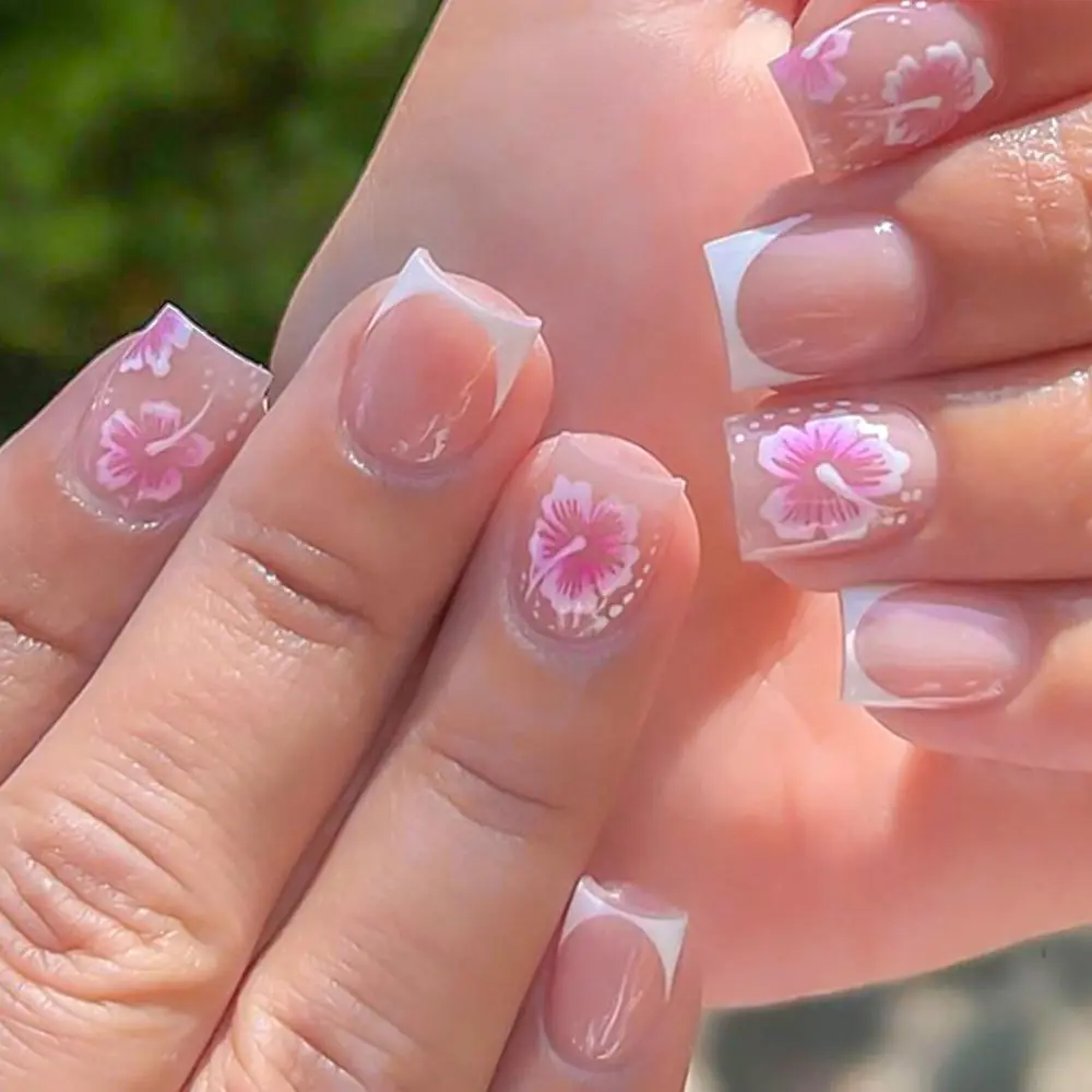 24Pcs Short Square Pink Flower Fake Nails Full Cover White French Hibiscus Floral  Press On Nails Full Cover Wearable Fake Nails