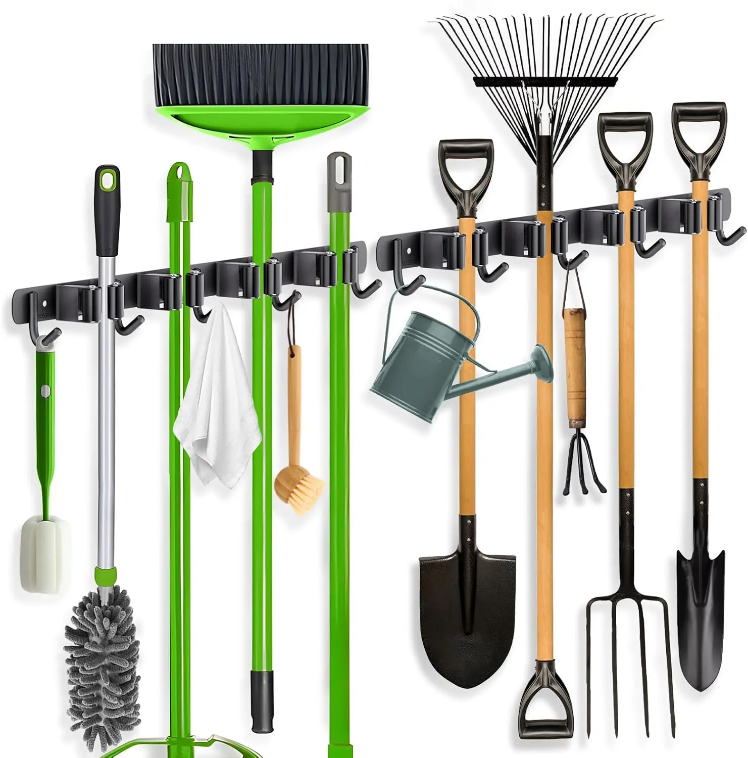 Hangable Multifunctional Broom Holder Wall Mount (Black) - 2 Pack Stainless Steel Durable Heavy-Duty Organizer with 4 Racks, 5 Hooks for Daily Home Kitchen Garage Back Storage