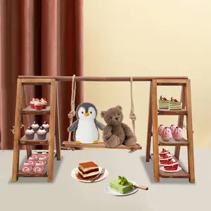 3 Tier Cupcake Stand,Wooden Dessert Table Display Set with Swing Shaped Hanging Tray Three Tiered Tray Stand for Desserts, Cakes, Fruits, Suitable for Cake Shop, Weddings, Parties Light Ornaments Woody Decor Decoration