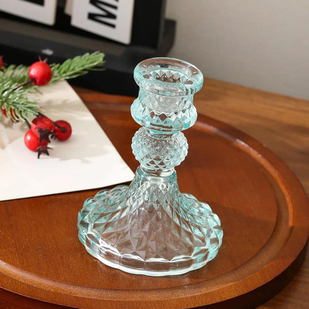 1 piece light blue embossed glass candle holder, European retro understated luxury style, diamond-patterned 3D relief texture, stable wide base, suitable for taper candles, dinner table lighting, home decor display, and photography set decoration.