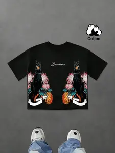 Men's New Chinese Style Doberman Floral Graphic Short-Sleeve T-Shirt, Loose Fit Cropped Style, Cotton, Modern Style, Street Fashion, Y2K, Minimalist, Artistic, Suitable for Back-to-School, Everyday Wear, Artists, Rappers, and Holiday Gifts.