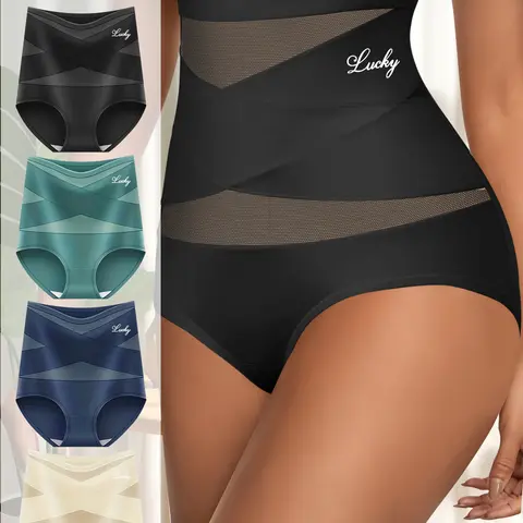 QUASTI Women's High-Waisted Shaping Briefs - 4-Piece Lady Shapewear with Tummy Control, Cross Design, Hip Lifting, Compression, Breathable Stretchy Elastic Smooth Fabric,  Fits S-XXL Blue