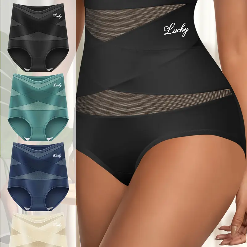 QUASTI Women's High-Waisted Shaping Briefs - 4-Piece Lady Shapewear with Tummy Control, Cross Design, Hip Lifting, Compression, Breathable Stretchy Elastic Smooth Fabric, Fits S-XXL Blue