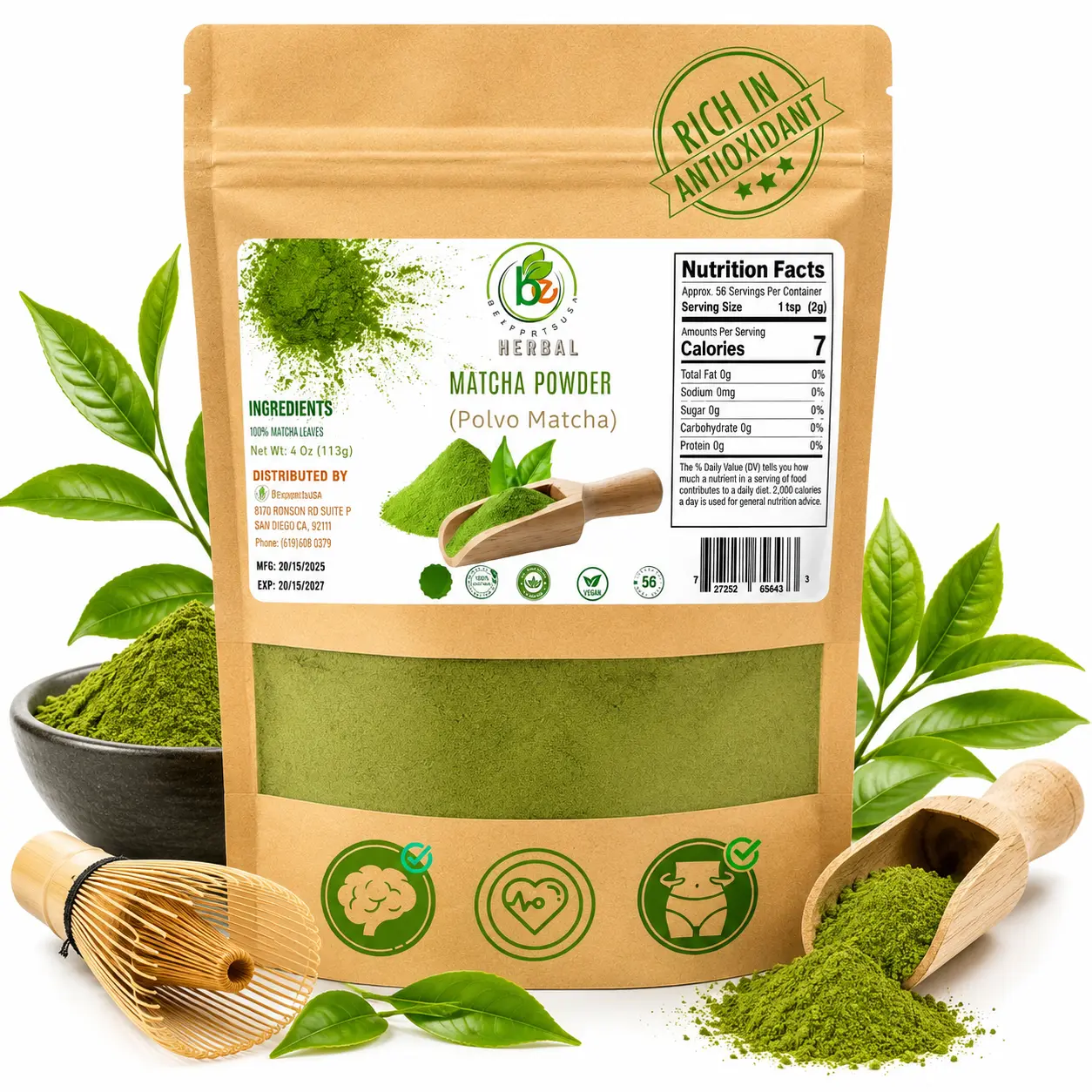 Green Tea Matcha Powder – 4 oz Resealable Bag – 100% Pure Japanese-Style Matcha – No Sugar, No Fillers – Natural Superfood Powder – Antioxidant-Rich, Gluten-Free, Vegan – Perfect for Lattes, Smoothies, and Baking – by BexpertsUSA