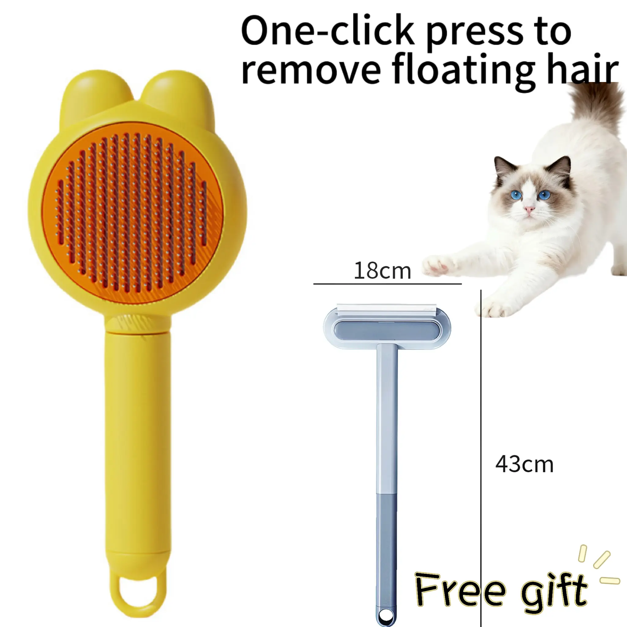 Buy One, Get One Free! Self-cleaning pet grooming comb for detangling and removing loose fur—includes a bonus long-handled lint remover tool. Perfect for both dogs and cats; use them together for even better results.