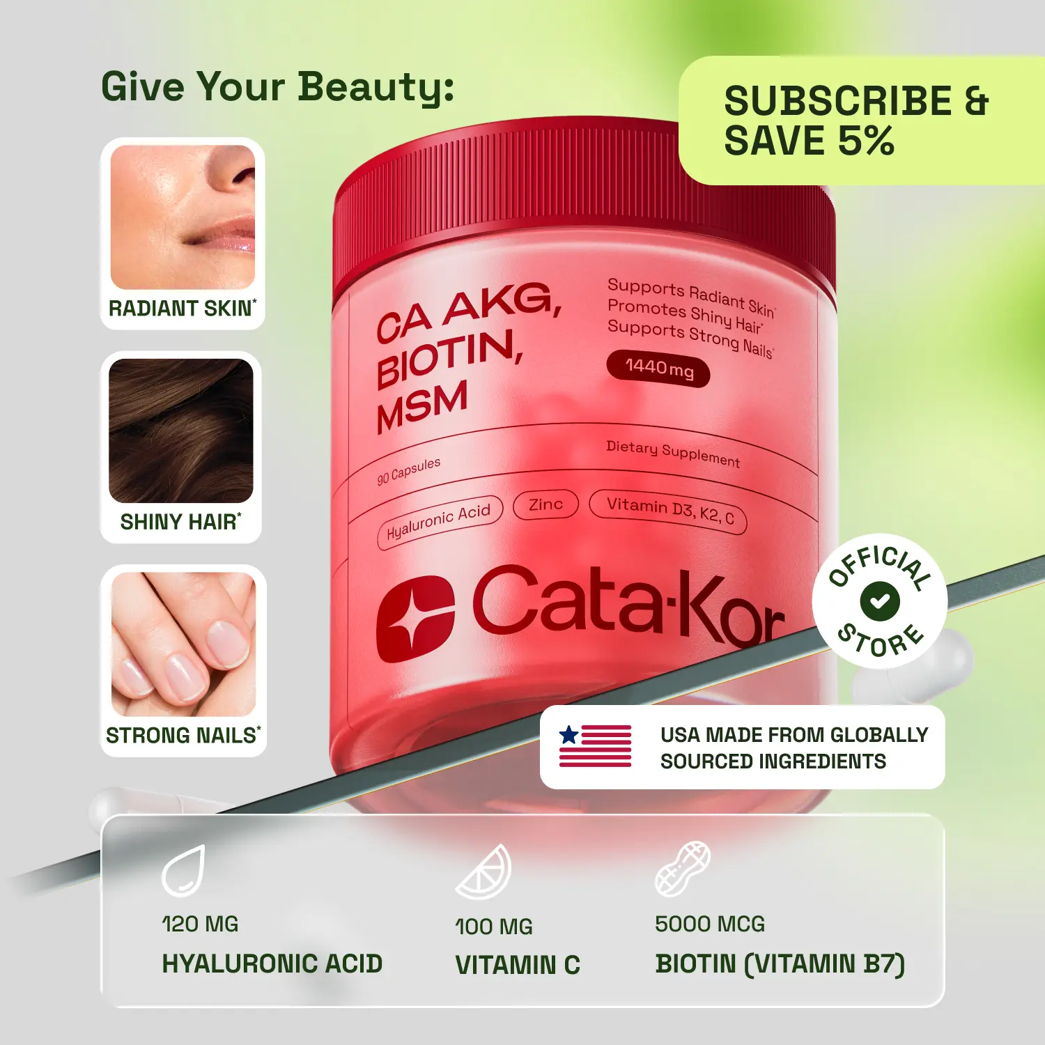 Cata-Kor Skin, Hair & Nails Supplement – Ca AKG | MSM | Hyaluronic Acid | Biotin – Supports Radiant Skin, Promotes Shiny Hair & Strong Nails – Beauty Complex, Dietary Supplement