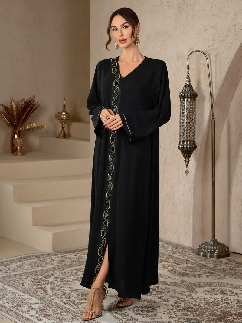 chinese dress ladies Women Ramadan Dress 3/4 Sleeves V-Neck Loose Long Dress Print Arab Rob   Fabulive