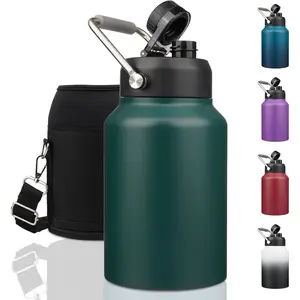 Half Gallon Jug with Handle, 64 oz Insulated Water Bottle with Carrying Pouch,Double Wall Vacuum Stainless Steel Metal Bottle,Dark Green