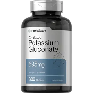 Horbäach Chelated Potassium Gluconate Supplement | 595 mg | 300 Caplets | Vegetarian, Non-GMO, Gluten Free