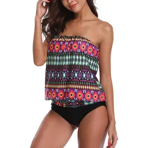 Two Piece Bandeau Tankini Swimsuits for Women Loose Blouson Swim Top with Bikini Bottom Tummy Control Bathing Suits