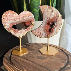 Crazy Lace Agate Moon and Hearts Decorative Sculptures with Gold Stands for Home Decor