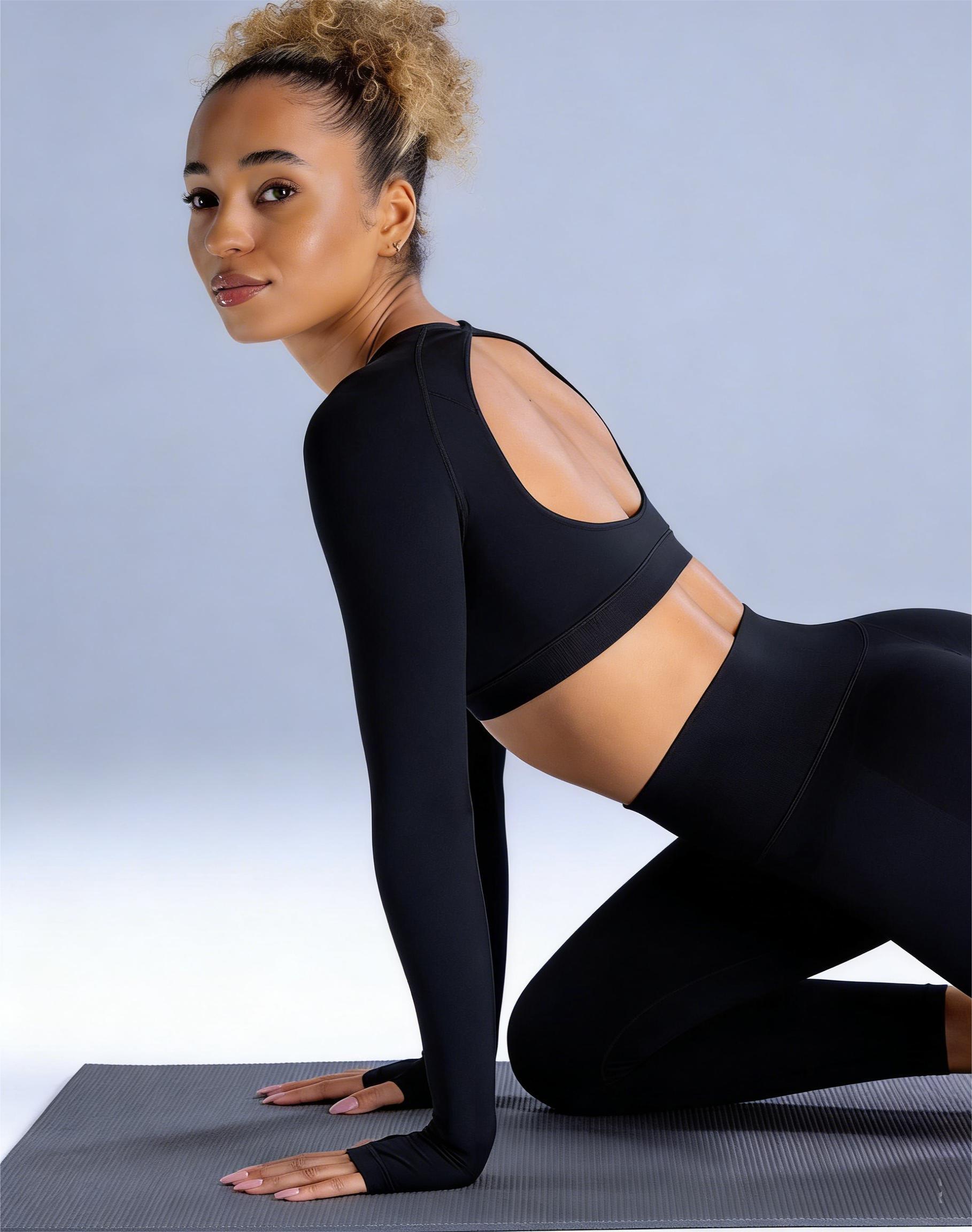 Women's Cropped Yoga Set – Round Neck Long Sleeve Top with Open Back Cutout & High Waisted Leggings, 2 Piece Activewear