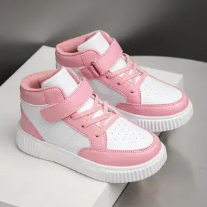Pair of white-and-pink colorblock high-top kids’ casual skate shoes, featuring a cushioned sole that is non-slip and wear-resistant; girls’ Velcro sneakers that are versatile for school sports.