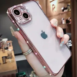 Luxury Plating Glitter Diamond Transparent Phone Cases for iPhone 16 13 11 12 14 15 Pro Max Plus  Silicone Shockproof Cover