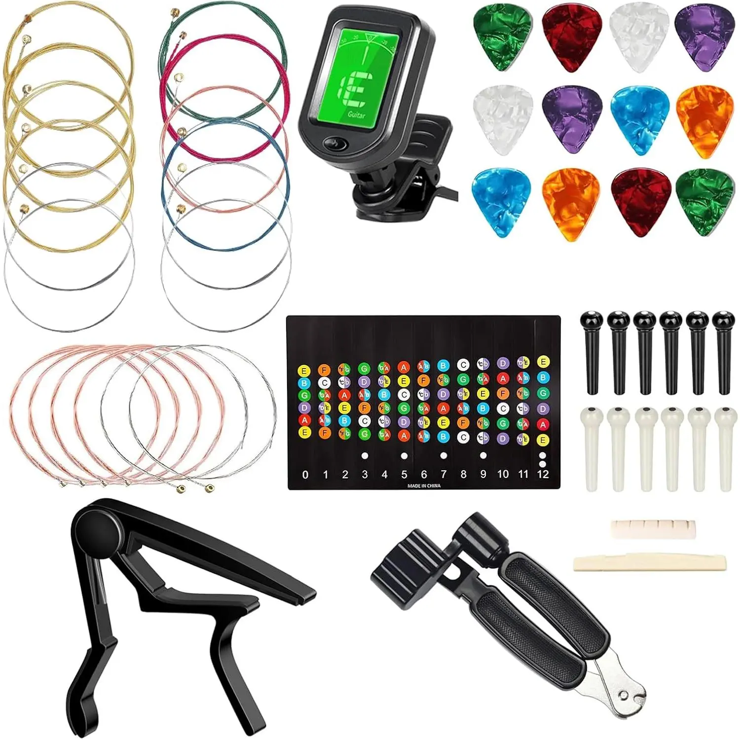 Guitar Accessories Kit Including acoustic Guitar Strings, tuner, capo, 3-in-1 restring tool, picks, bridge pins, guitar nuts saddles and Fretboard Stickers(48 Pcs)