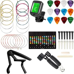 Guitar Accessories Kit Including acoustic Guitar Strings, tuner, capo, 3-in-1 restring tool, picks, bridge pins, guitar nuts saddles and Fretboard Stickers(48 Pcs)