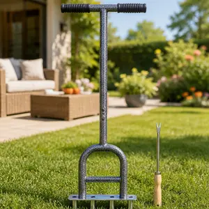 ARCH Lawn Coring Aerator 4 Corer Plug Aerator Tool Manual Grass Aerating Tool with Soft Rubber Grip Steel Frame Gray Garden Tool for Loosening Soil Improving Lawn Health Includes 12 Weeder Tool, Gray Color Options, Steel Material, Color: Gray