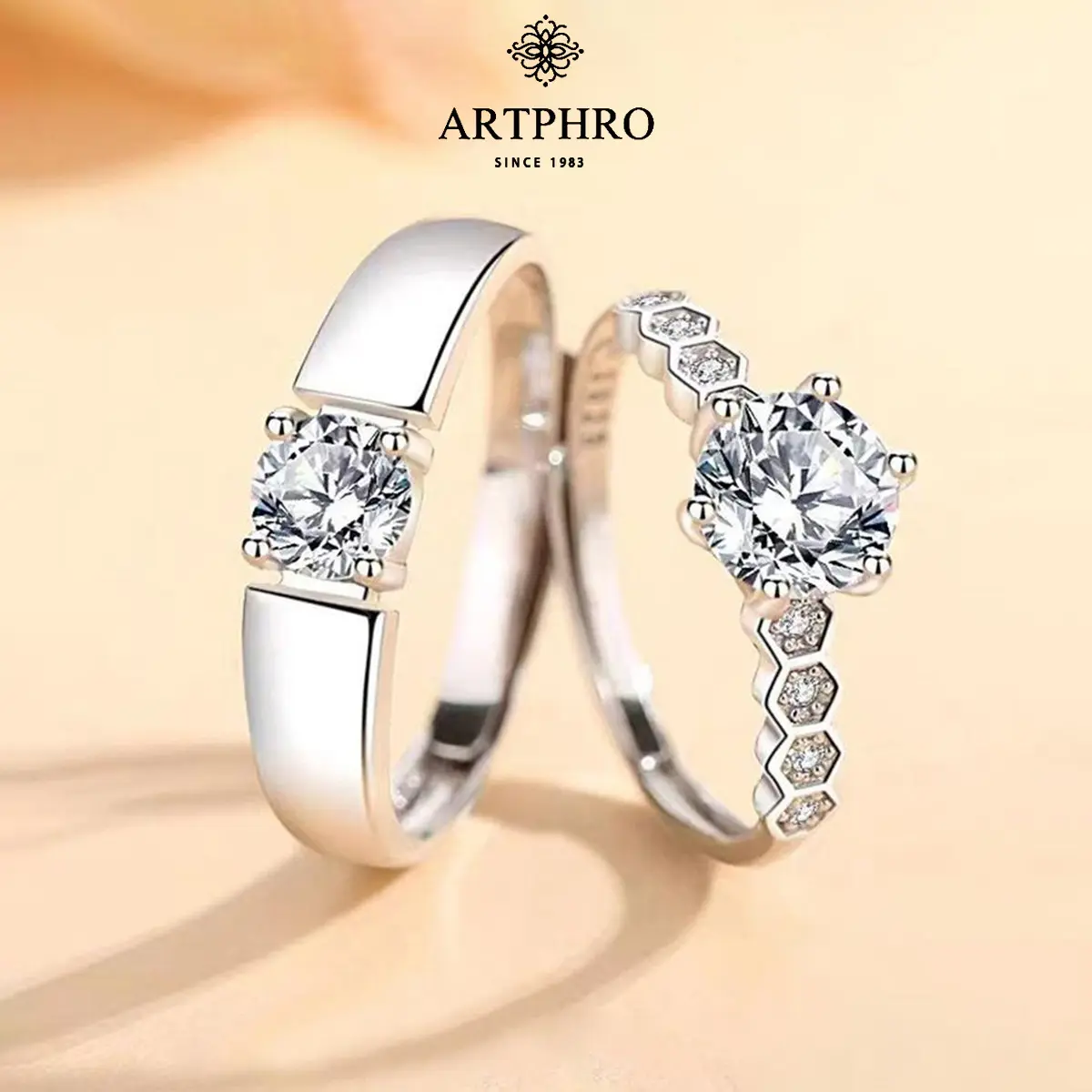 ARTPHRO Unisex Adjustable Basic Open Dual Matching Moissanite Decorated Rings - Hypoallergenic Solitaire Stackable, Couple Gifts, Engagement Ring Option, Matching Couple Things, Moissanite Decorated Ring