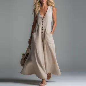 Women Deep V Neck Button Maxi Dress Sleeveless Loose Fit Casual Summer Vacation Beach Dress with Pockets Flowy Boho Linen Style 2026 Trendy Outfit