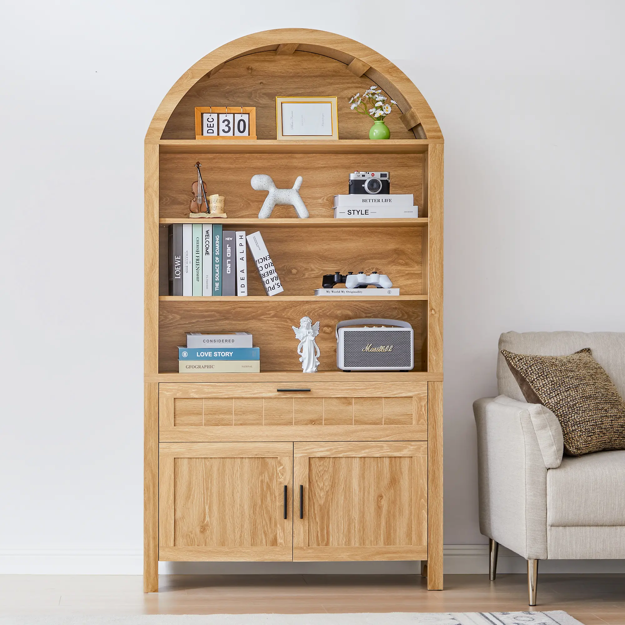 FurSch 73" Tall Large Arched Bookshelf, 5-Tier Arch Bookcase with Doors, Mid Century Modern Wood Shelf with Drawers, Open Display Rack for Living Room, Office Storage kitchen storage cabinet