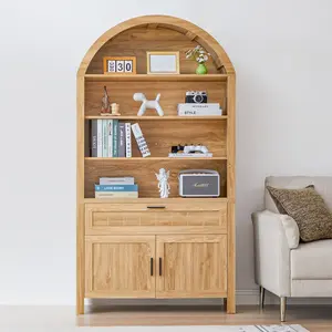 Giratree 73" Tall Large Arched Bookshelf, 5-Tier Arch Bookcase with Doors, Mid Century Modern Wood Shelf with Drawers, Open Display Rack for Living Room, Office Storage kitchen storage cabinet