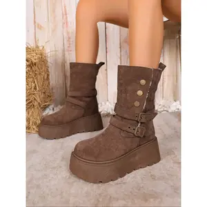 Women's Vintage Thick Sole Rubber Snow Boots, Winter Warm Fleece Lined Mid-Calf Boots, British Style Buckle Platform Boots, Footwear