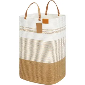 Large Laundry Hamper – 75L Tall Woven Cotton Storage Basket with Leather Handles, Slim Dirty Clothes Hamper, Decorative Storage Basket for Blanket,Toys White & Jute