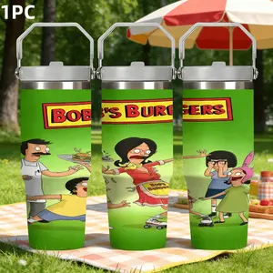 1pc 30oz Bob's Burgers Stainless Steel Water Bottle, Retro Skateboard Design, Portable Handle & Straw Included, Cartoon Peripheral Drinkware