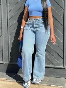 Women's Light Blue Wide Leg Pants, Casual Loose-Fitting Elastic Fabric, All Seasons Fashion, Perfect for Dating and Outdoors
