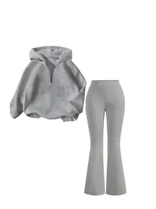 Women's Zipper Hoodie Set Outfit, Long Sleeve Casual Sweatshirt & Tight Bell Bottom Pants, Comfortable Soft Fabric, Fall Winter