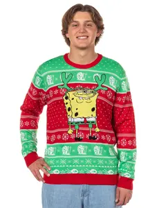 SpongeBob SquarePants Ugly Sweater for Christmas Men's Reindeer Bob and Gary Knit Pullover