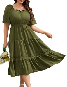 FASHORA Women Plus Size Tie Square Neck Puff Sleeve Tiered Midi Dress Lace Trim Flowy Boho Vacation Dress Chic Elegant