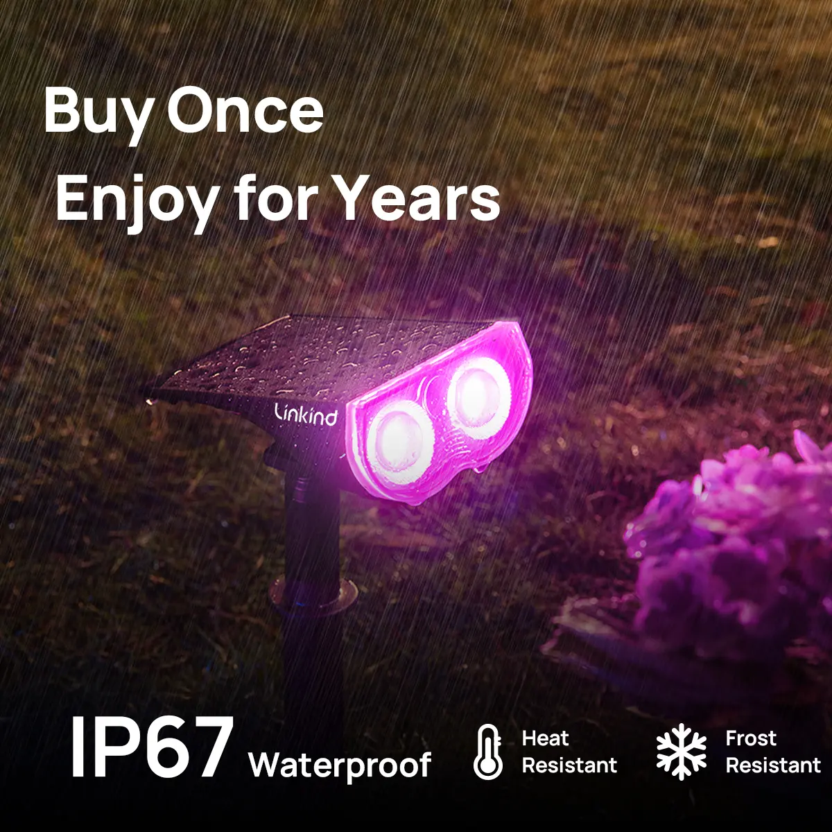 IP67 smart solar spotlight operating in heavy rain