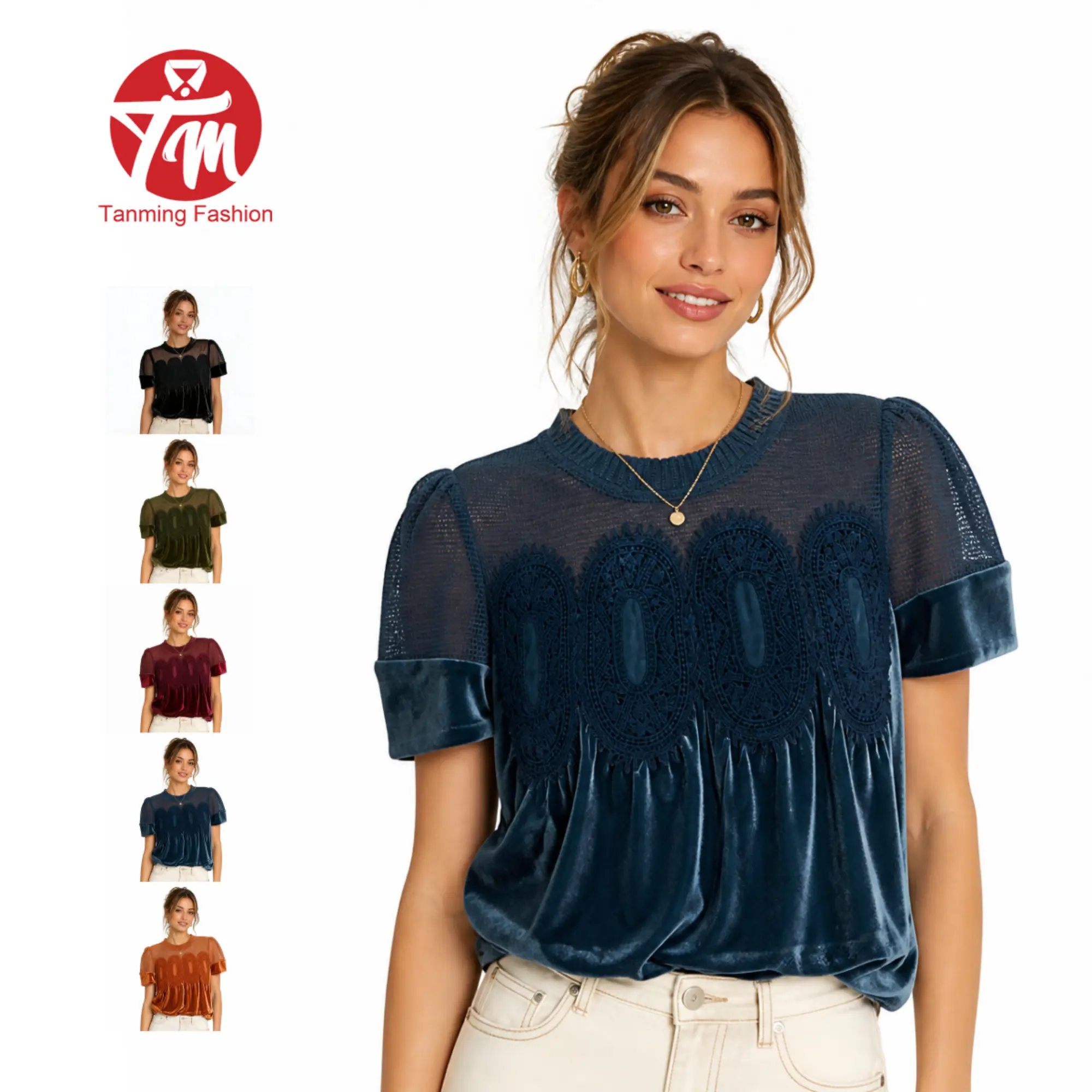 Tanming Women's Chic Velvet & Sheer Lace Short Sleeve Top - Flowy Crewneck Ruffle Trim Blouse Vintage Party Casual Shirt