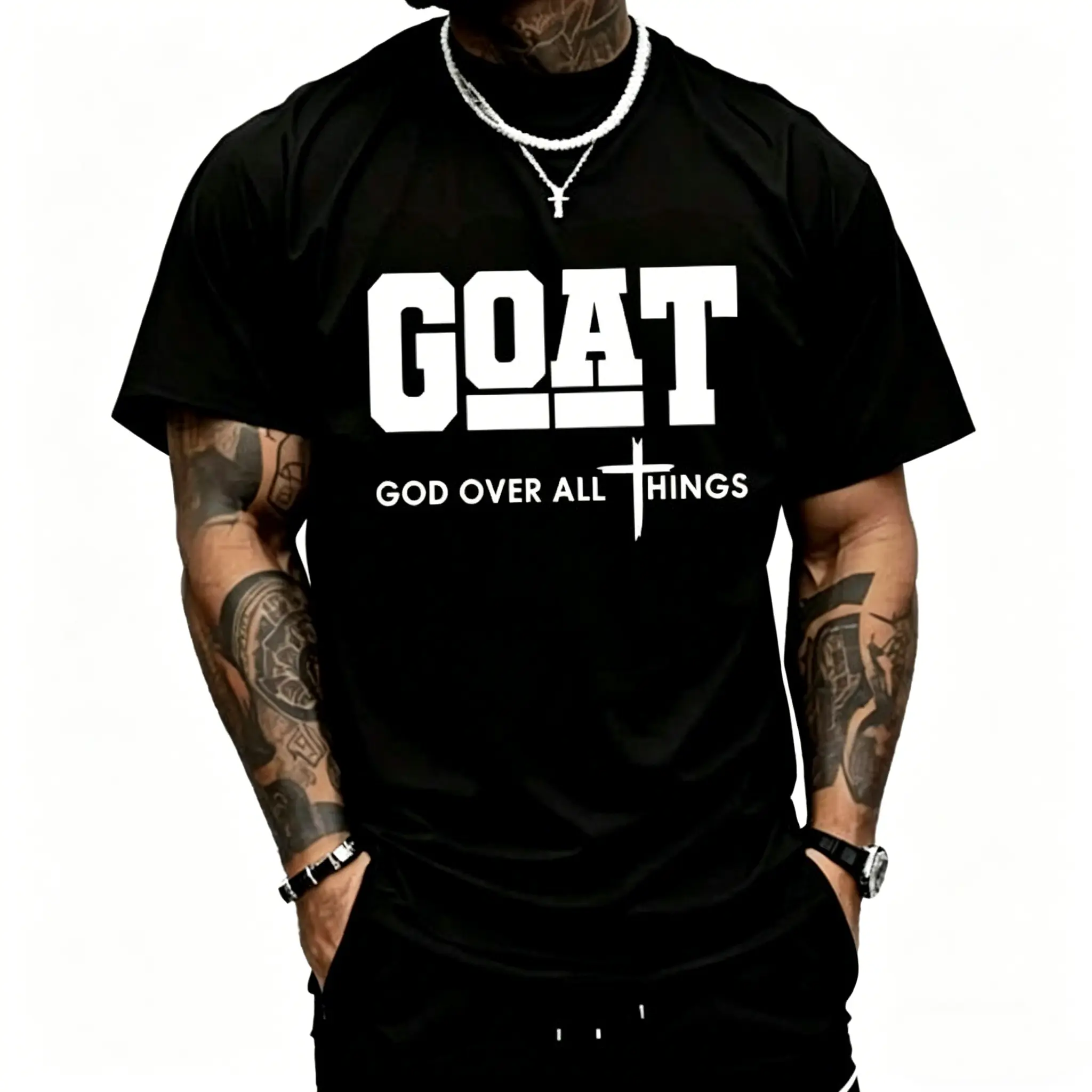 GOAT ("God Over All") graphic T-shirt for men,  loose street-style short sleeves-trendy Christian casual top, best-selling faith urban fashion style