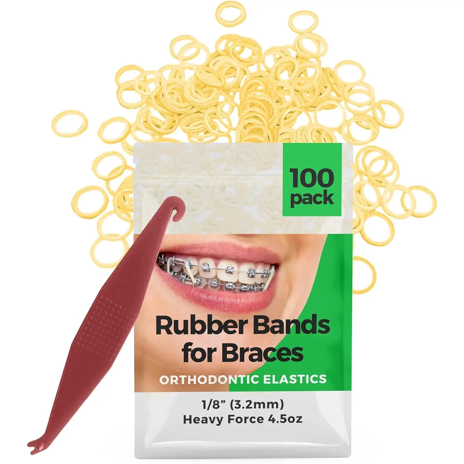 Orthodontic Rubber Bands for Braces - Premium Quality Elastic Teeth Rubber Bands for Braces, Fix Tooth Gaps, Dreadlocks, Includes Free Elastic Placer - Heavy Force 4.5 oz, 1/8 Inch, Natural (100 Pack)