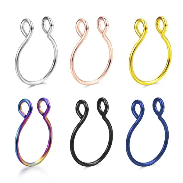 Unisex 5-Pack Non-Pierced Faux Septum Nose Rings, 20G Rose Gold Stainless Steel Clip-On Hoops with Cubic Zirconia, 8mm/10mm Bendable Colorful Body Jewelry for Daily Wear, Stainless Steel Jewelry for Non-Pierced Individuals
