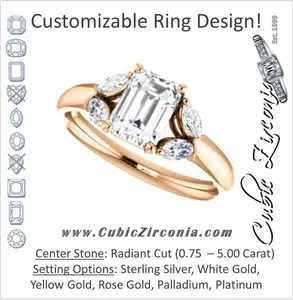 Cubic Zirconia Engagement Ring- The Leeanne (Customizable 5-stone Design with Radiant Cut Center and Marquise Accents)