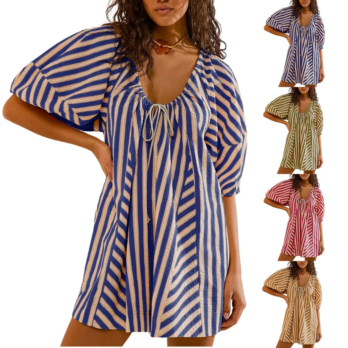 JovenPara Women's Oversized Striped Romper for Women - Casual Loose Puff Sleeve Wide Leg Casual Overalls Jumpsuit with Pockets, Rompers For Women