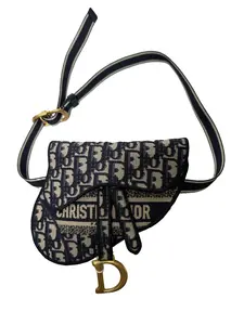 Pre-owned Dior Canvas Shoulder Bags Saddle Bag Navy blue and cream Good S010260302028