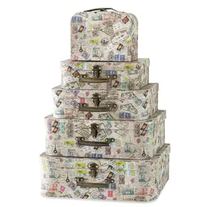 Decorative Suitcase Storage Boxes With Handle  Set Of 5 Cardboard Vintage Suitcases And Travel Decor Paperboard Luggage Props Travel-themed Plane Party Decoration