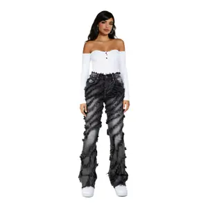 American Bazi Ruffled Stacked Jeans - High-Waisted, Distressed Design, Trendy Denim for Women