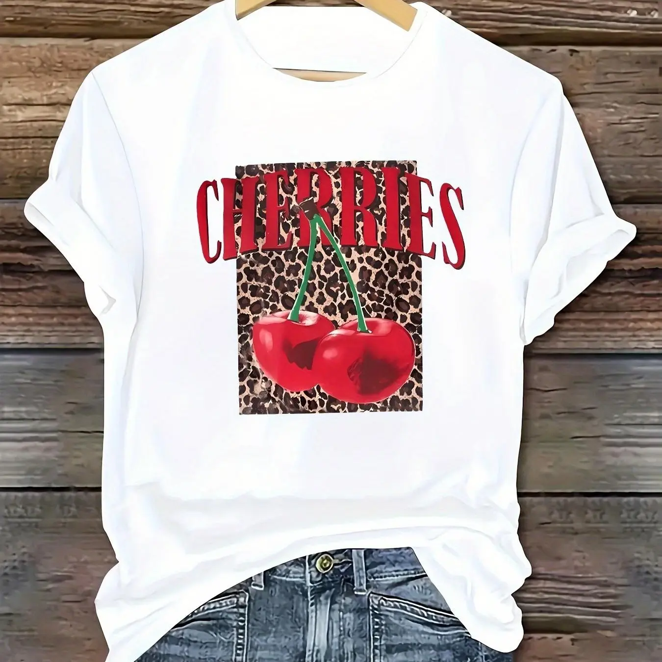 Women's Cherries & Leopard Print Round Neck Tee, Casual Short Sleeve Crew Neck T-shirt for Daily Wear, Ladies Clothes for Summer, Womenswear,shirts