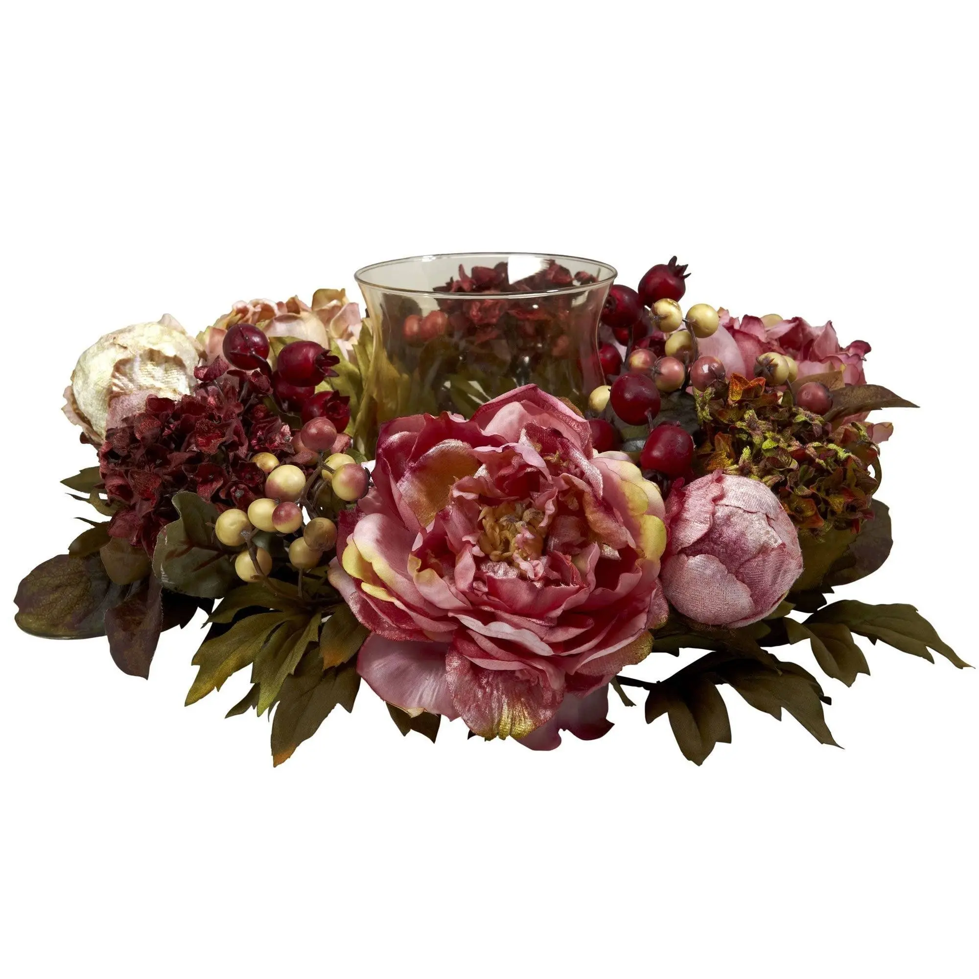 Soft Glass Candelabra with Circle Glass Base, Peony & Hydrangea Floral Decor, Home Supplies - Holiday Decoration Piece, Home Decor Supplies