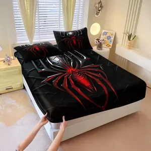 3Pcs Modern Spider Fitted Sheet Set, Stylish Silver and Red Metallic Spider Design, Geometric Textured Background, Perfect for Bedroom Décor and Unique Gifts. Includes 2 Pillowcases, No Pillow Core