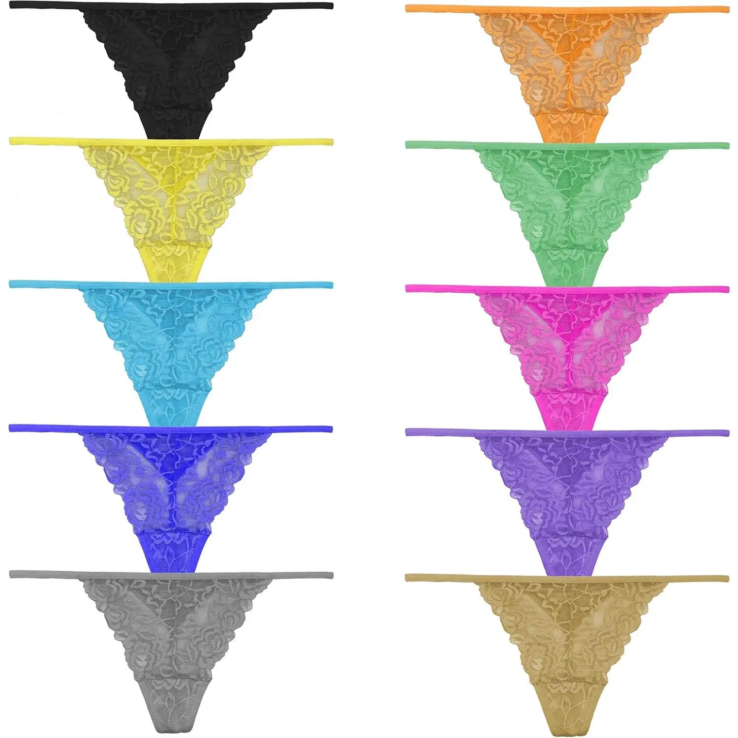 Women's Lace Thongs, Low Waist G-Strings with Breathable Cotton Gusset, Multicolor Waist 10 Pack