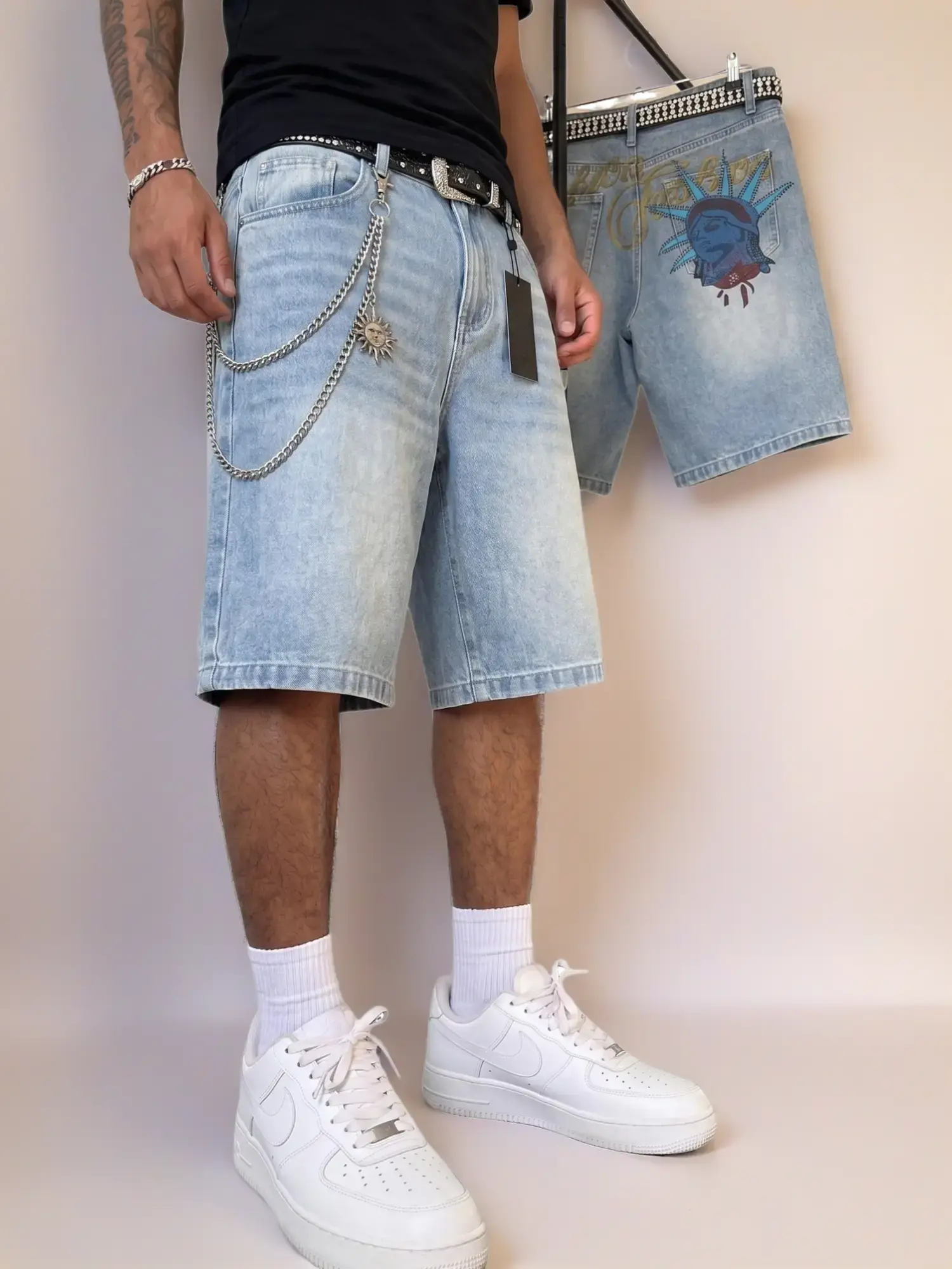 Men's Cotton Baggy Light-Wash Denim Jorts - Casual Loose-Fit Wide-Leg Retro Y2K Skater Shorts, Summer Vintage Blue Outfits