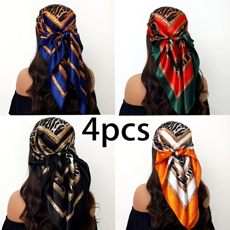 Satin Headscarf for Women, 4-Pack Large 35-Inch Square Scarf with Colorful Prints, Silk-Like Fashion Hair & Neck Wrap, Fashion Headscarf, Neck Scarf Shawl Wrap, Square Head Scarf, Satin Hair Scarf